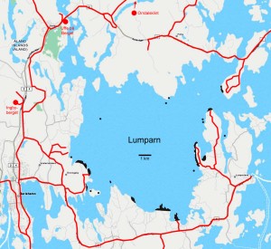 Lumparn 2015 spring excursion. Red: cycle route. Circles: good views. Black: exposures etc mentioned in Abel's book. Background map: OpenStreetMaps.